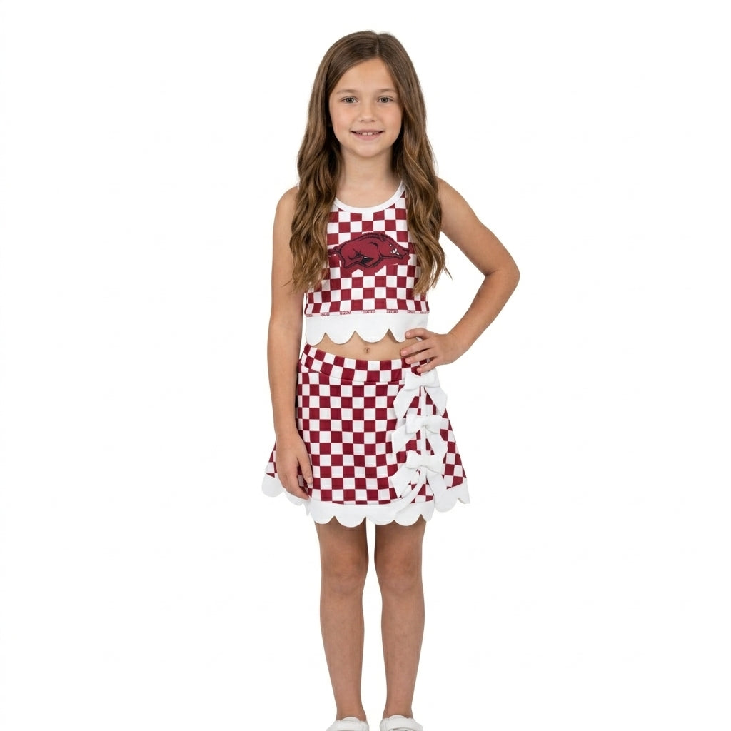 NO MOQ RTS GSD4286 Baby Girl Clothes Red White Checkerboard Animal Print Sleeveless Tank Top And Bow Skirt Set 202610