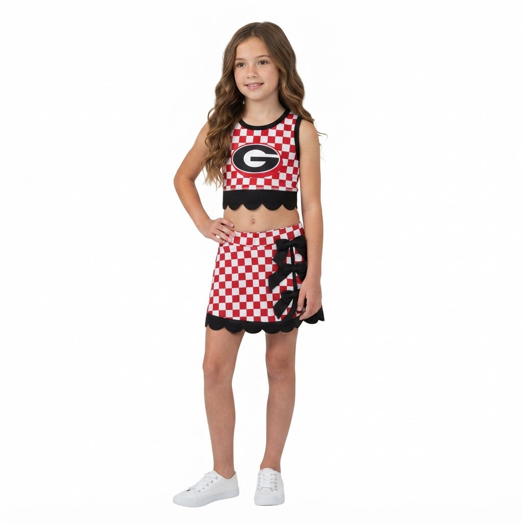 NO MOQ RTS GSD4287-yoga Baby Girl Clothes Red Black Checker Print Sleeveless Tank Top Bow Skort Outfit Set 202609