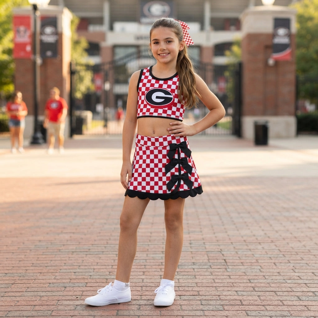 NO MOQ RTS GSD4287-yoga Baby Girl Clothes Red Black Checker Print Sleeveless Tank Top Bow Skort Outfit Set 202609