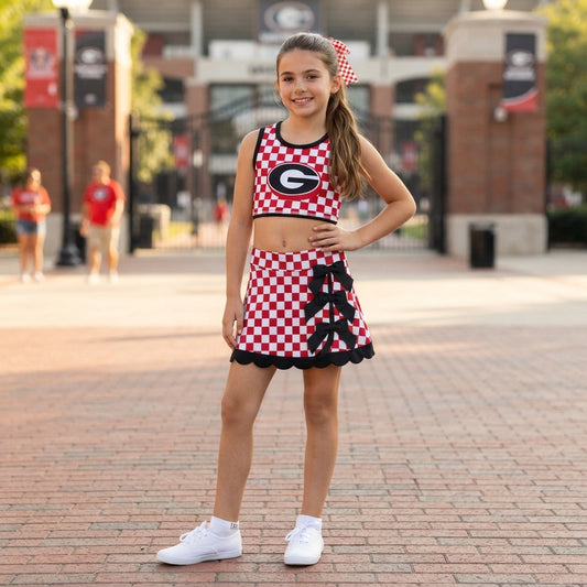 NO MOQ RTS GSD4287-yoga Baby Girl Clothes Red Black Checker Print Sleeveless Tank Top Bow Skort Outfit Set 202609