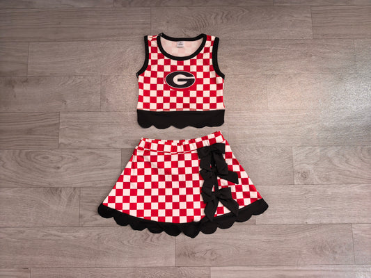 Sample-Real Pics GSD4287 Baby Girl Georgia team black bow scalloped hem red checkered sleeveless tank top skort yoga set