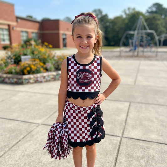 NO MOQ RTS GSD4288    Baby Girl Clothes Burgundy Checker Team Logo Print Sleeveless Top Skirt Set 202609