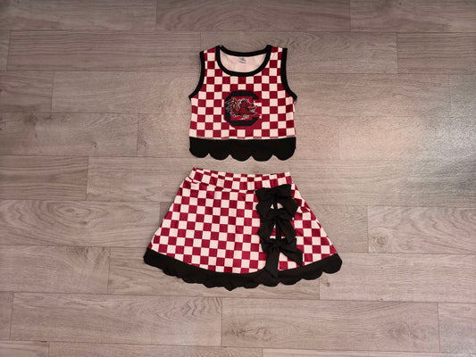 Sample-Real Pics GSD4288 Baby Girl Gamecocks team black bow scalloped hem burgundy checkered sleeveless tank top skort yoga set