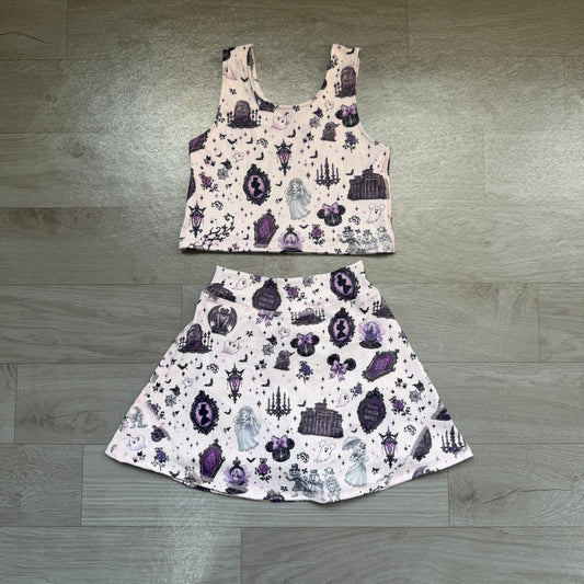 Sample-Real Pics GSD4289 Baby Girl Clothes Haunted Mansion Ghost Mixed Print Sleeveless Tank Top Skort Set