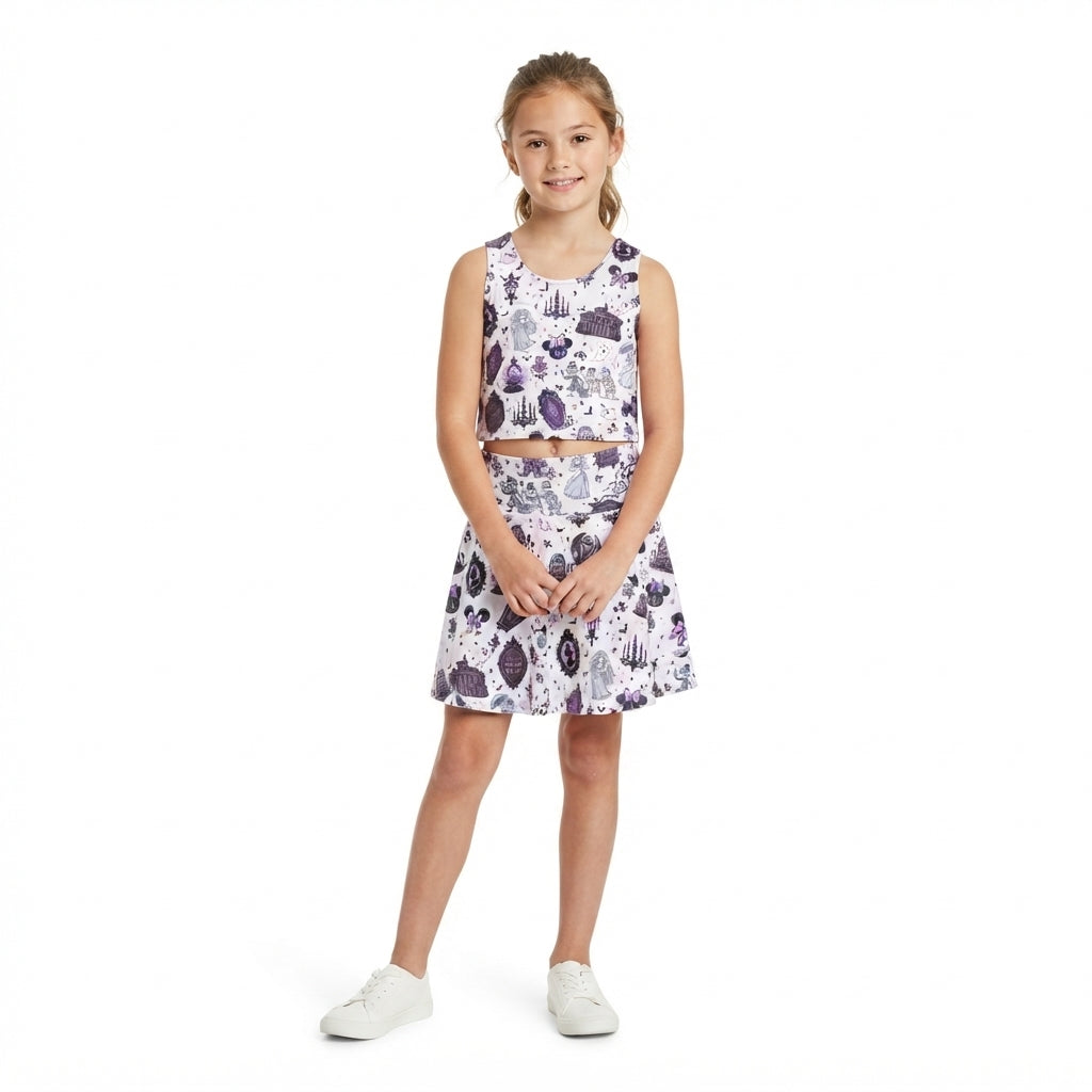 NO MOQ RTS GSD4289(1)-yoga Kids Clothes Purple Haunted Mansion Ghost Coffin Print Tank Top Skort Set 202609