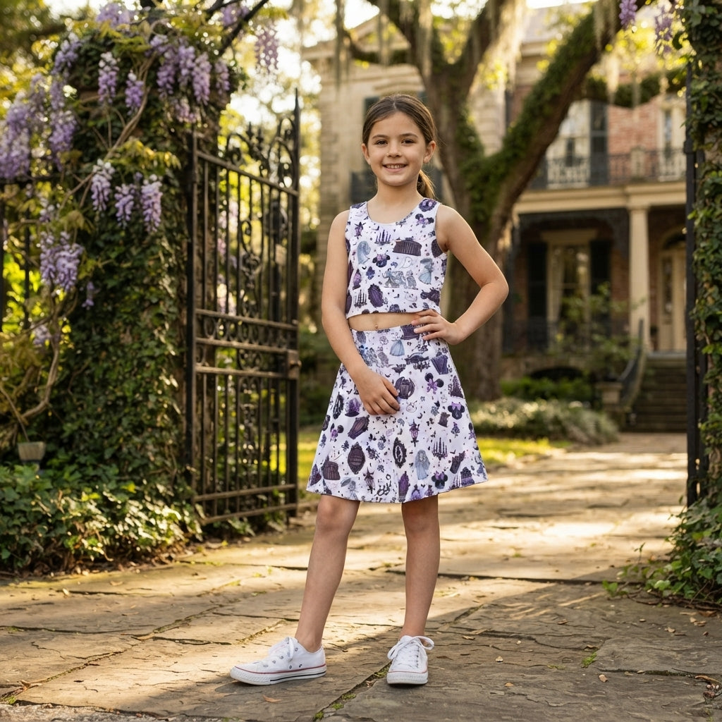 NO MOQ RTS GSD4289(1)-yoga Kids Clothes Purple Haunted Mansion Ghost Coffin Print Tank Top Skort Set 202609