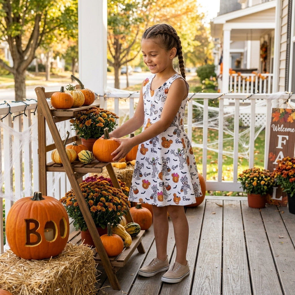 NO MOQ RTS GSD4291(1)-yoga Baby Girl Clothes Halloween Cartoon Mummy Pumpkin Print Sleeveless Twirl Dress 202609