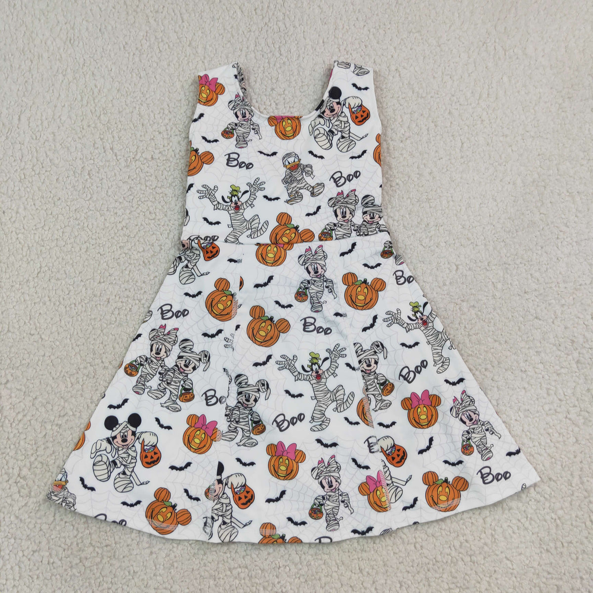 NO MOQ RTS GSD4291(1)-yoga Baby Girl Clothes Halloween Cartoon Mummy Pumpkin Print Sleeveless Twirl Dress 202609