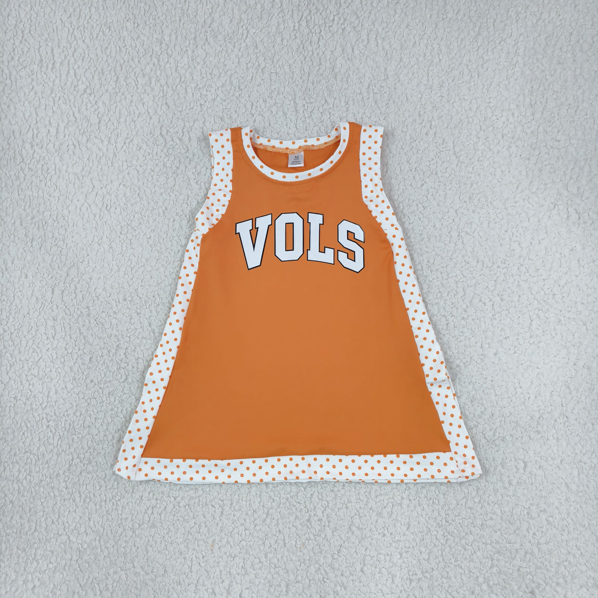 NO MOQ RTS GSD4292(1)-vinyl-yoga Baby Girl Clothes Orange Polka Dot Letter Graphic Print Sleeveless A Line Dress 202610
