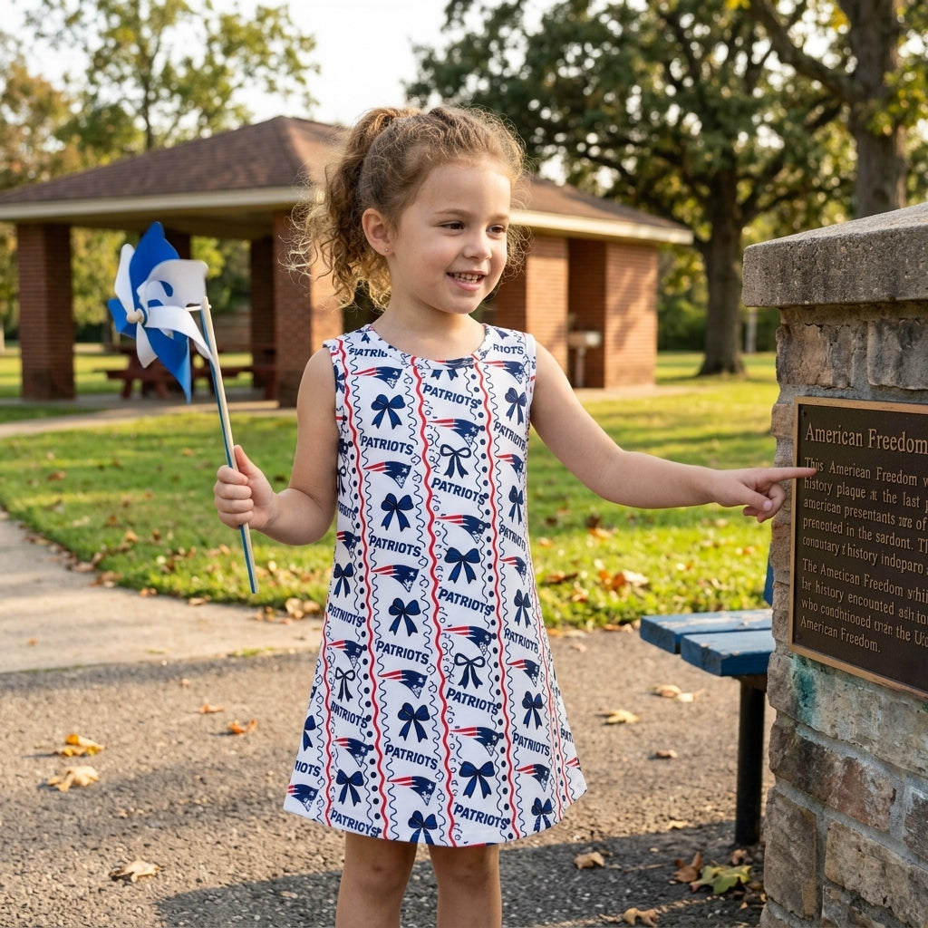 NO MOQ RTS GSD4293 Baby Girl Clothes Patriots Team Bow Print Sleeveless A Line Dress 202609