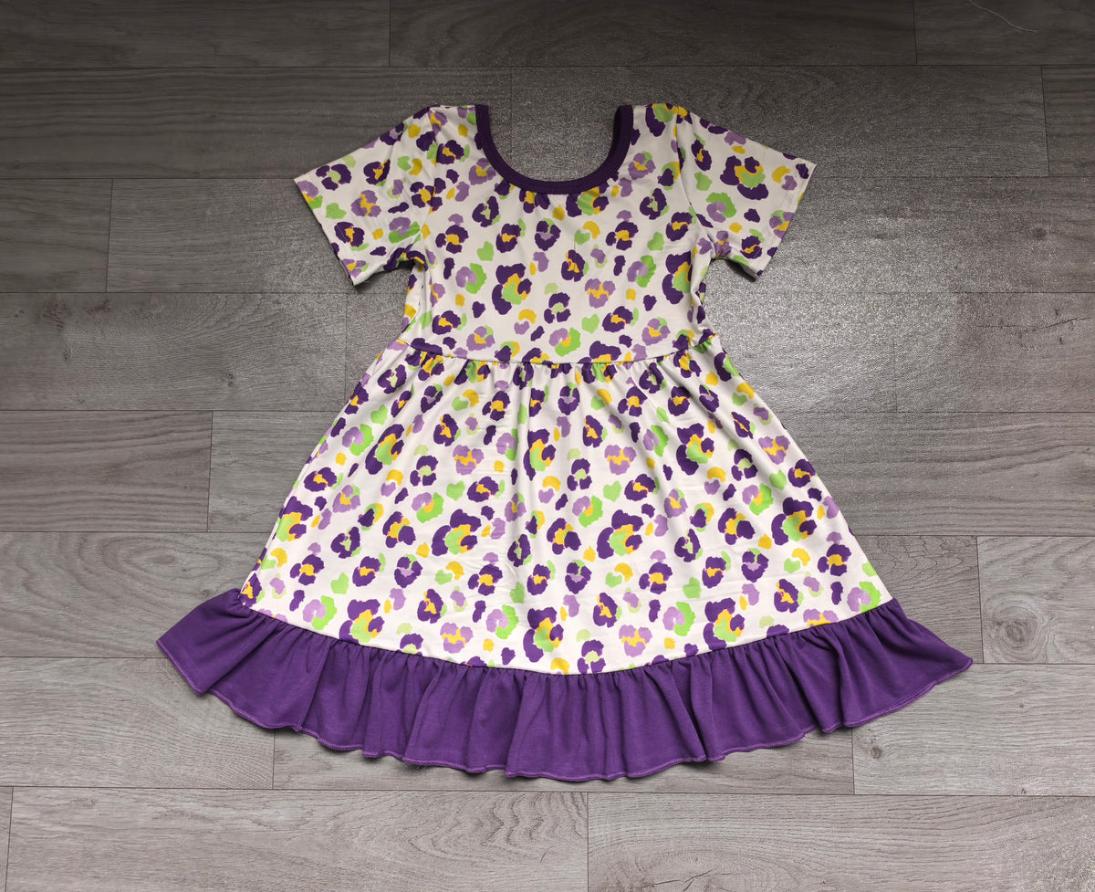 Sample-Real Pics GSD4321 Baby Girl Clothes Mardi Gras Leopard Mixed Color Print Short Sleeve Ruffle Hem Twirl Dress