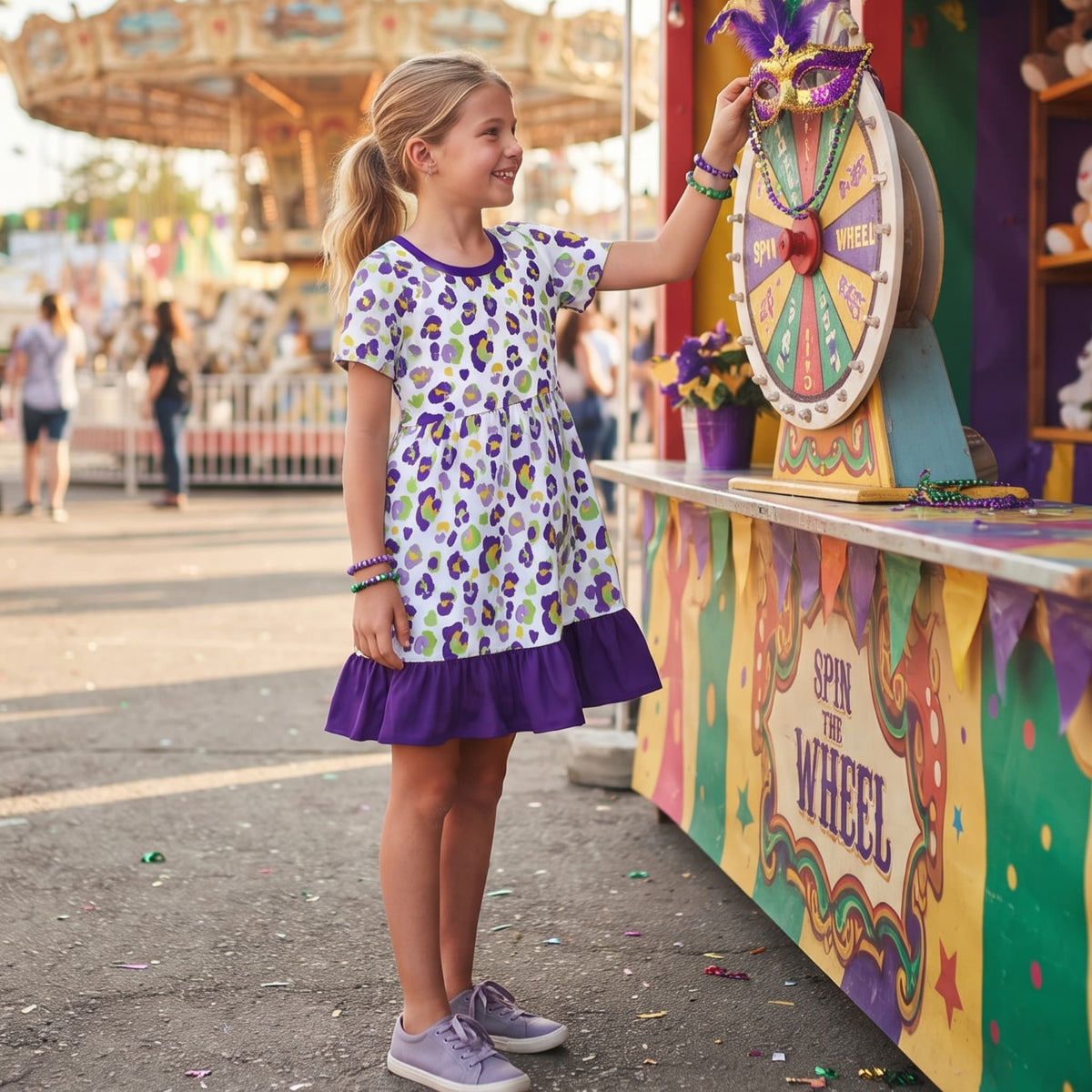 NO MOQ RTS GSD4321 Baby Girl Clothes Mardi Gras Colorful Leopard Print Short Sleeve Ruffle Dress 202610