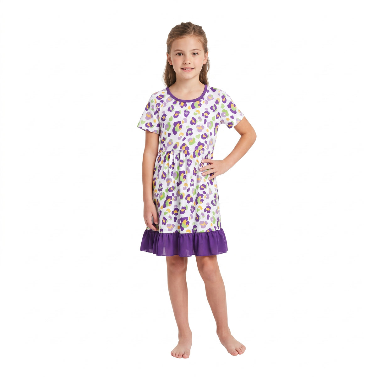 NO MOQ RTS GSD4321 Baby Girl Clothes Mardi Gras Colorful Leopard Print Short Sleeve Ruffle Dress 202610