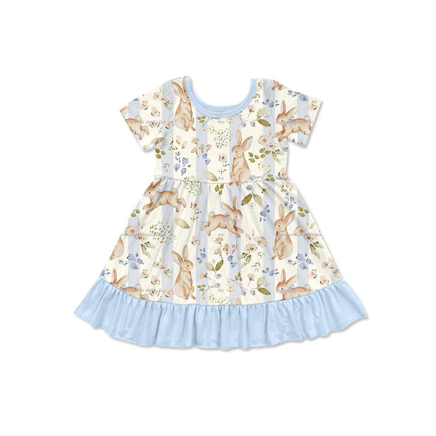 Preorder (moq 5) GSD4331 Girls Clothes Bunny Floral Stripe Allover Print Short Sleeve Ruffle Hem Twirl Dress