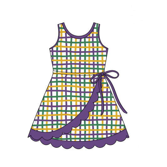 Preorder (moq 5) GSD4333 Baby Girl Clothes Mardi Gras Plaid Print Sleeveless Wrap Dress