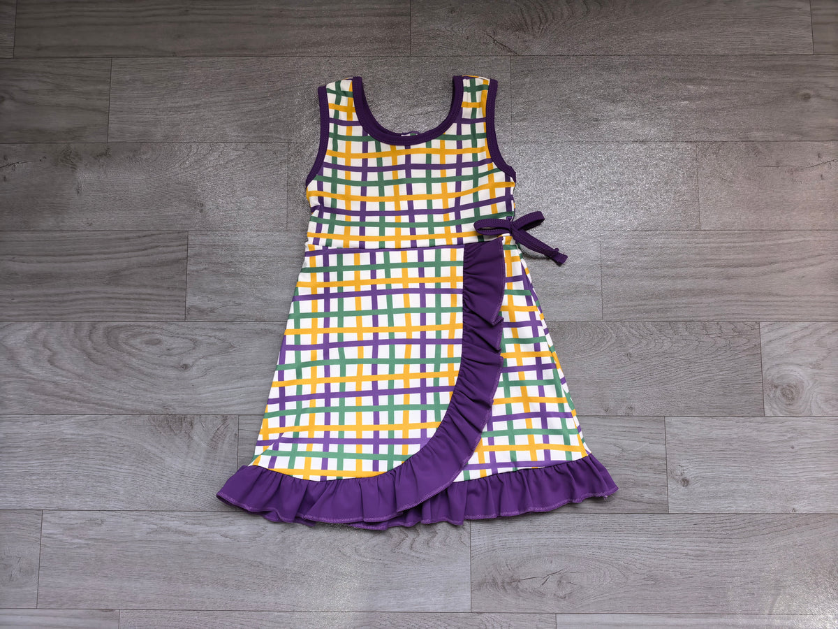 Sample-Real Pics GSD4333 Baby Girl Clothes Plaid Mixed Print Sleeveless Ruffle Hem Dress