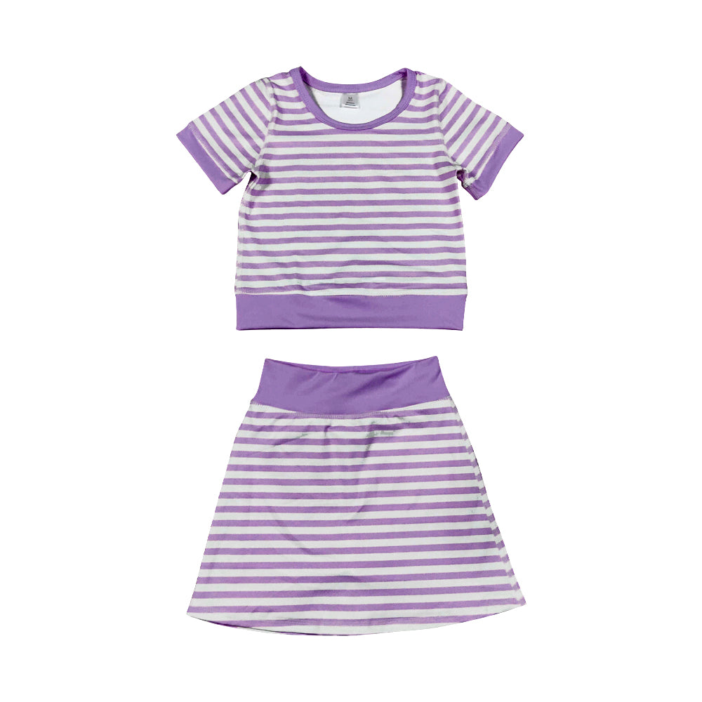 Preorder (moq 5) GSD4334 Baby Girl Clothes Purple White Stripe Print Short Sleeve Skort Outfit Set
