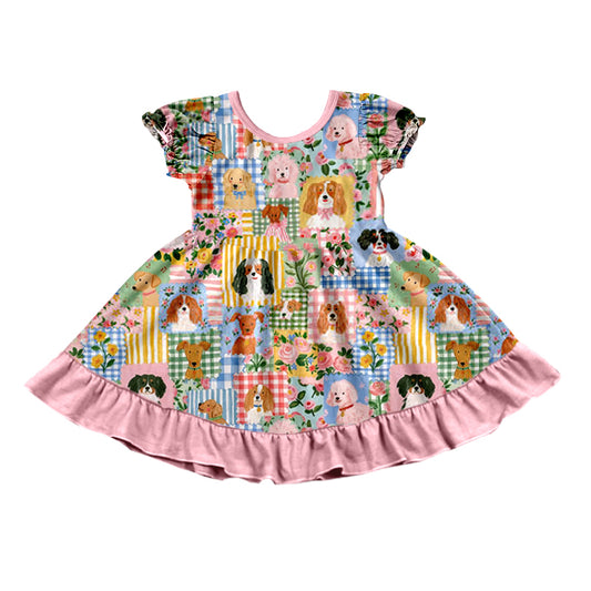 Preorder (moq 5) GSD4335 Baby Girl Clothes Puppy Patchwork Floral Mixed Print Short Sleeve Ruffle Twirl Dress