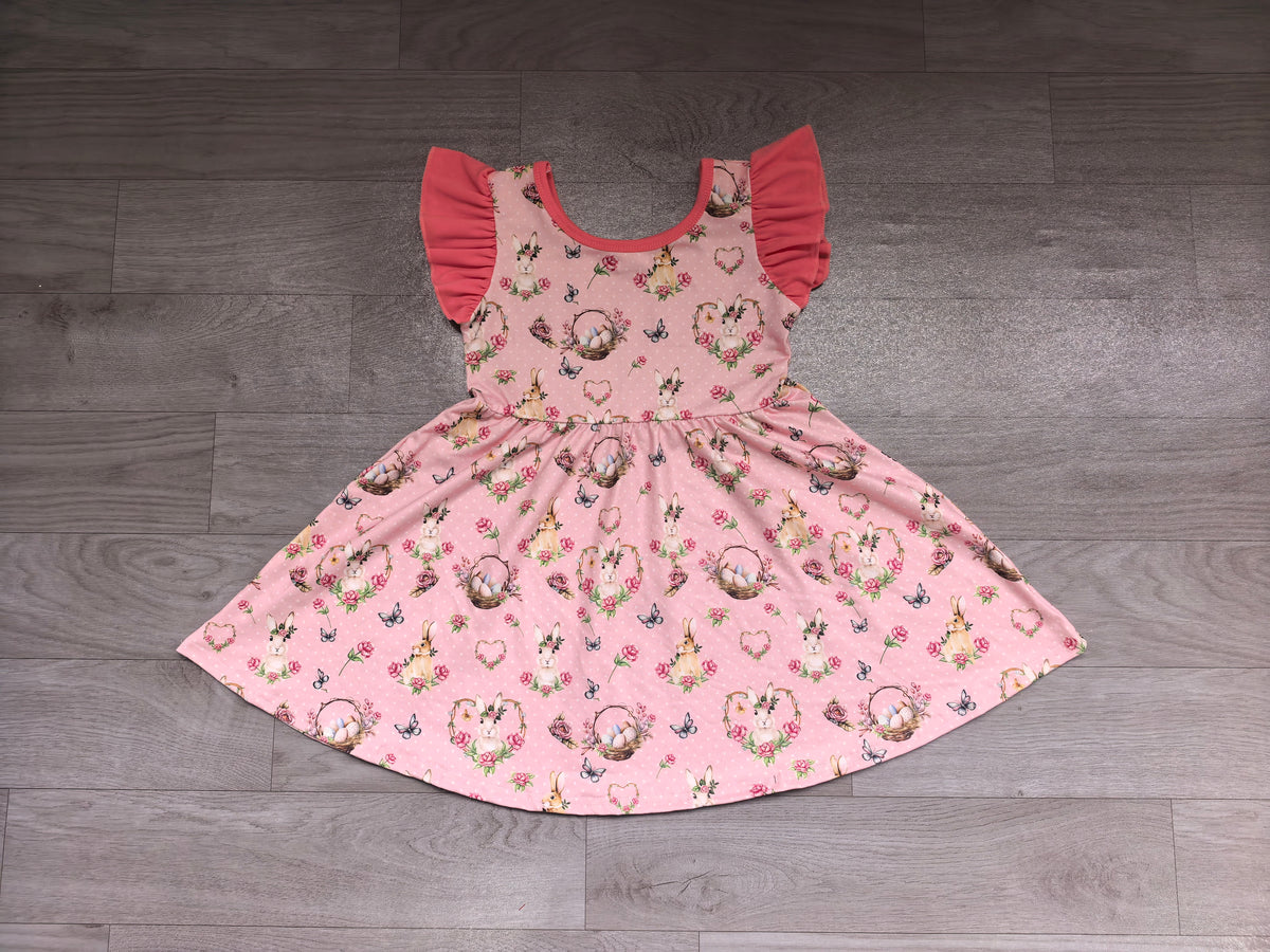 Sample-Real Pics GSD4336 Baby Girl Clothes Pink Floral Print Flutter Sleeve Swing Dress