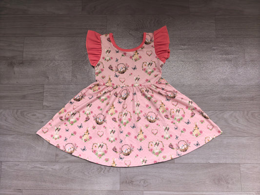 Sample-Real Pics GSD4336 Baby Girl Clothes Pink Floral Print Flutter Sleeve Swing Dress