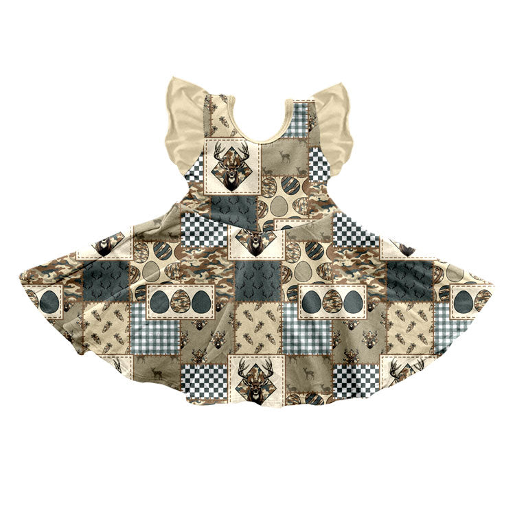 Preorder (moq 5) GSD4337 Baby Girl Clothes Happy Easter Deer Camo Patchwork Print Sleeveless Ruffle Twirl Dress