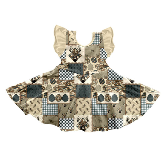 Preorder (moq 5) GSD4337 Baby Girl Clothes Happy Easter Deer Camo Patchwork Print Sleeveless Ruffle Twirl Dress