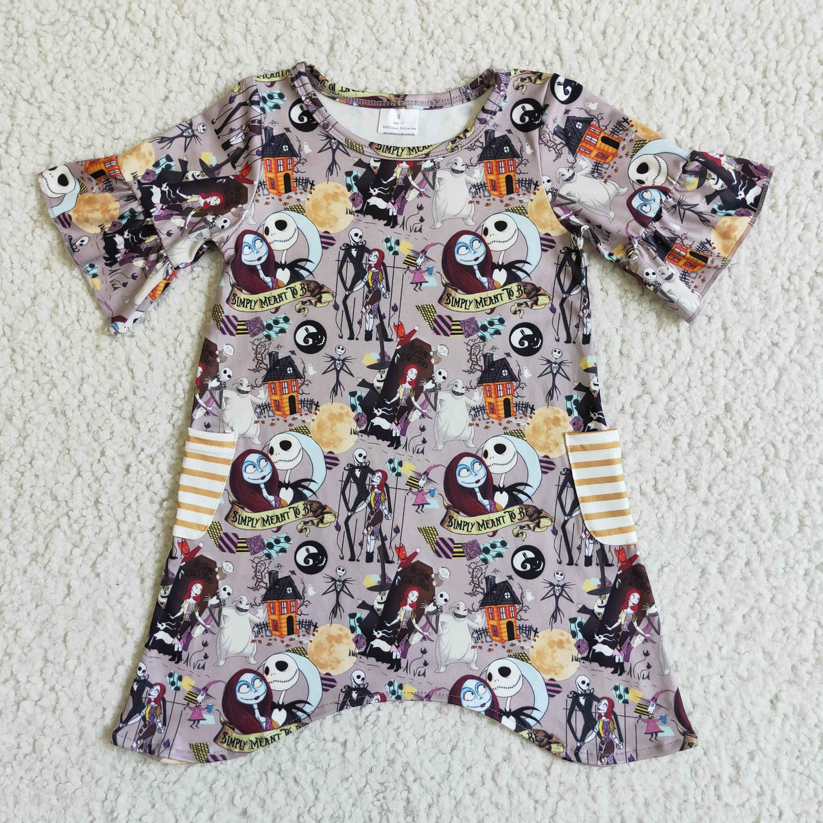 Promotion $5.5 2026.9.19 GSDO0111  NO MOQ RTS Baby Girl Clothes Halloween Skeleton Ghost House Moon Print Short Flutter Sleeve Pocket Dress-