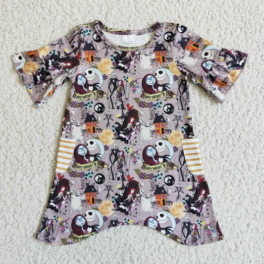 Promotion $5.5 2026.9.19 GSDO0111  NO MOQ RTS Baby Girl Clothes Halloween Skeleton Ghost House Moon Print Short Flutter Sleeve Pocket Dress-