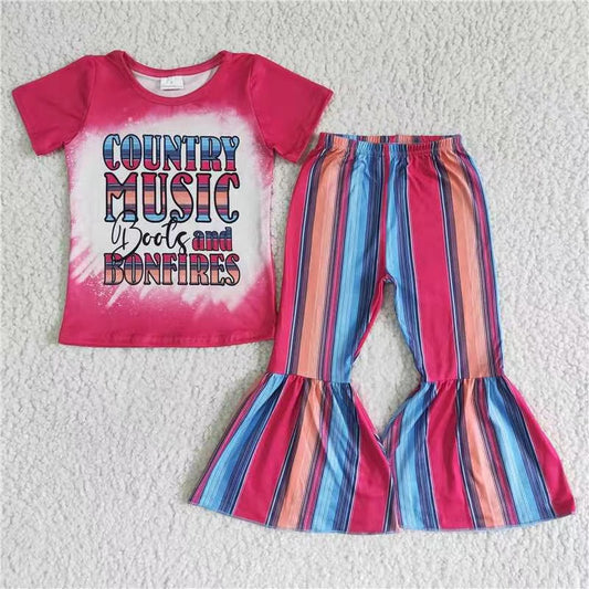 promotion GSPO0008 country music red blue stripe short sleeve bell bottom girl outfits 20230426 RTS