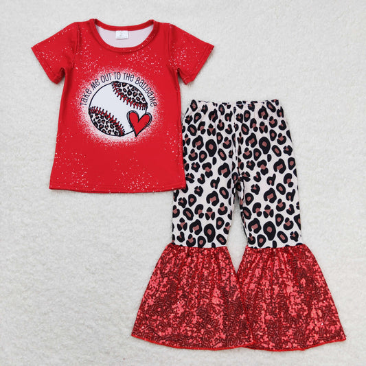 promotion baseball take me out to the ball game leopard red girl short sleeve sequins outfit