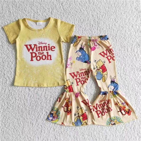 Promotion GSPO0014 letters cartoon pig bear yellow short sleeve bell bottom girl outfits 20230429 RTS