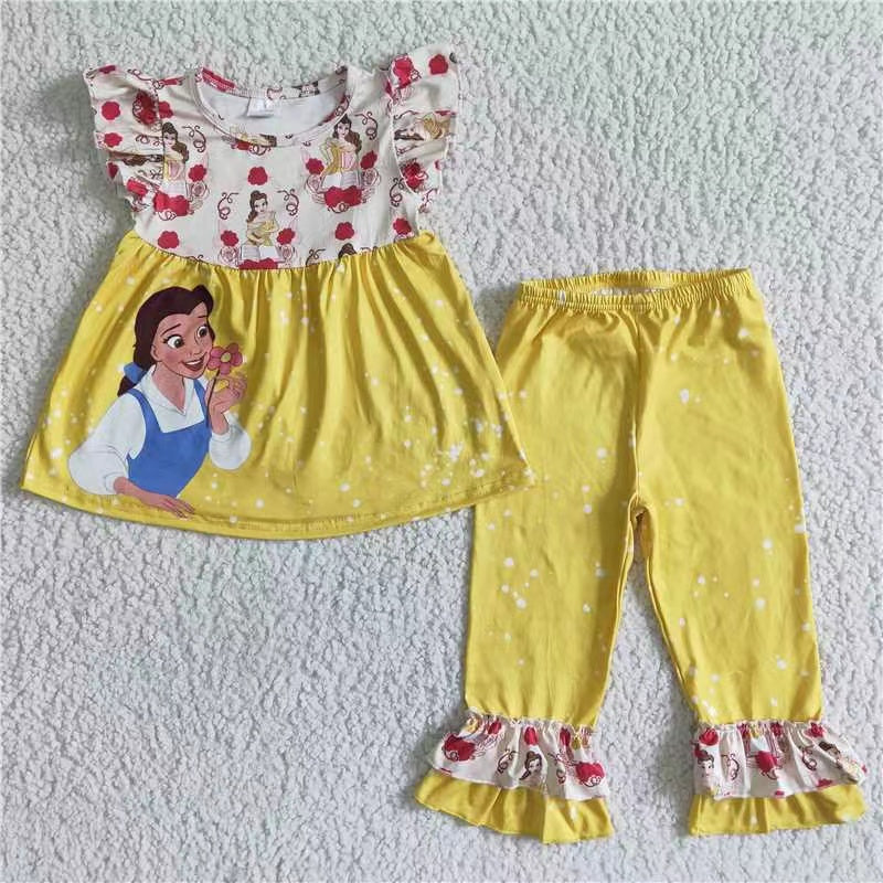 cartoon princess yellow girl short sleeve long pant outfit RTS