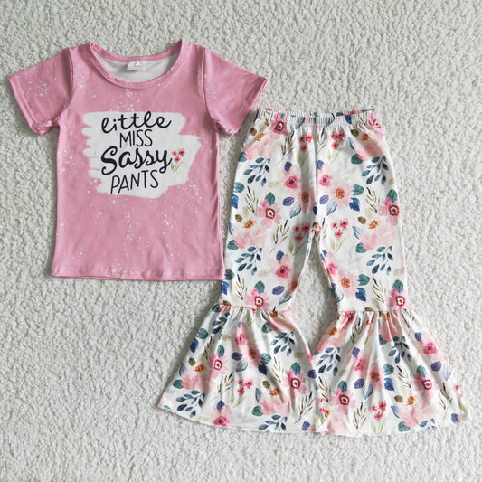 promotion blue follow the rainbows flowers print short sleeve top bell bottom girl outfit