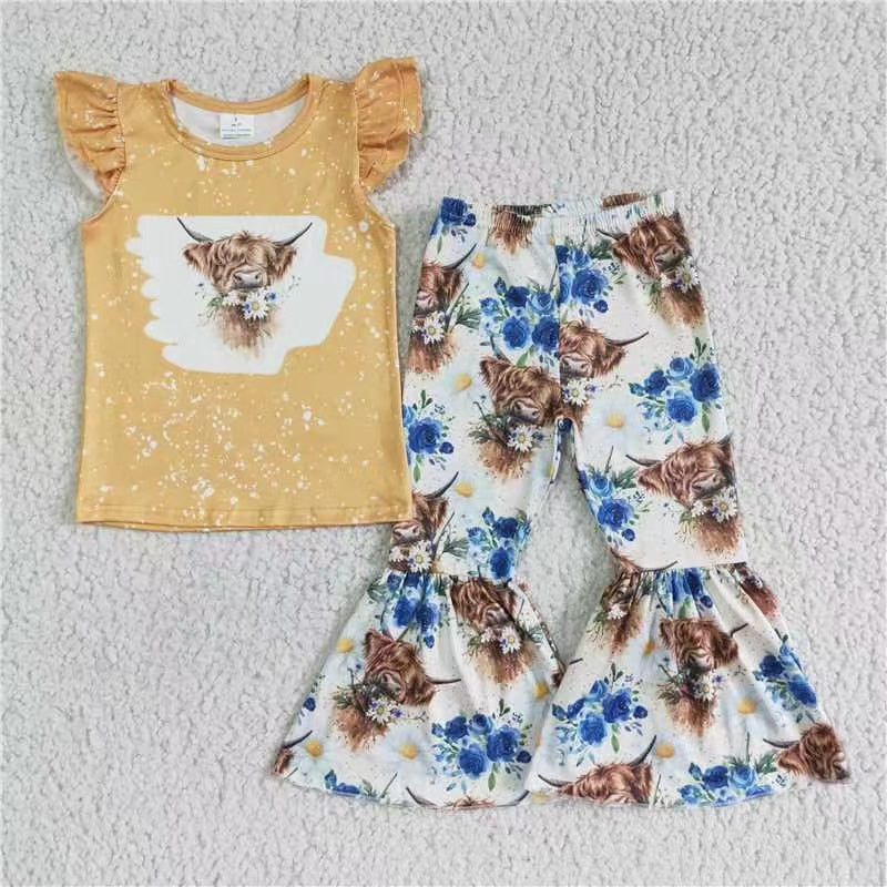 GSPO0086 cow flower blue floral yellow short sleeve bell bottom girl outfit RTS 20230524