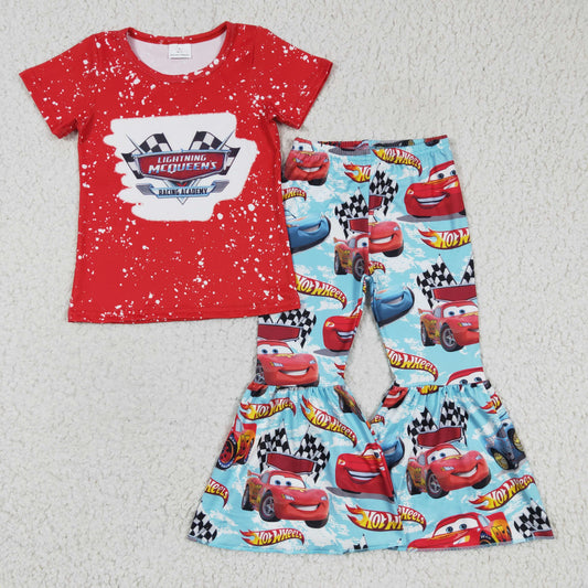 Promotion RTS GSPO0111 cars red short sleeve bell bottom pants girl outfit