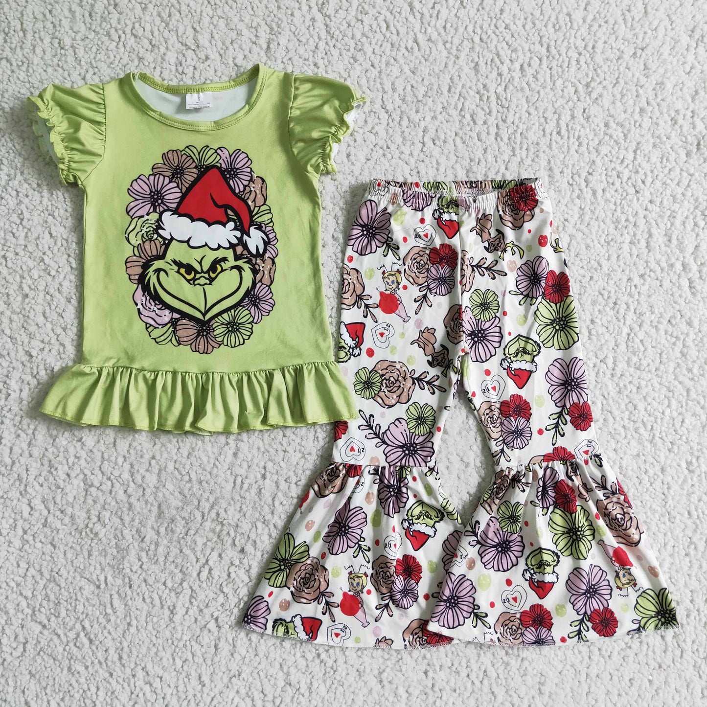 RTS  halloween green grin Christmas flower short sleeve pants baby girl outfit 20230622