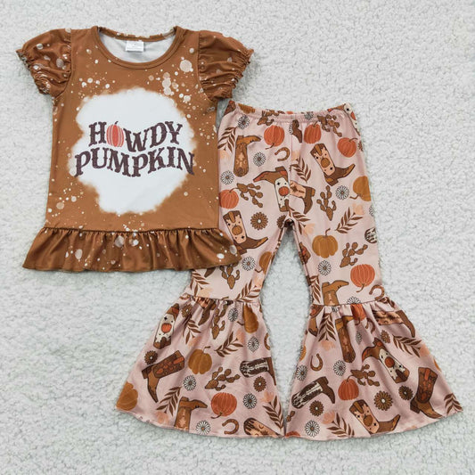 GSPO0611 halloween western pumpkin howdy girl short sleeve outfit 20230505