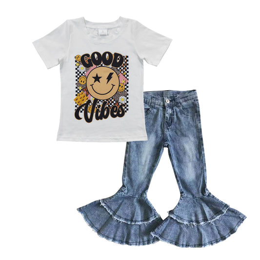 GSPO0648 Smile face short sleeve stripe denim jeans girl outfit RTS 20230425 RTS