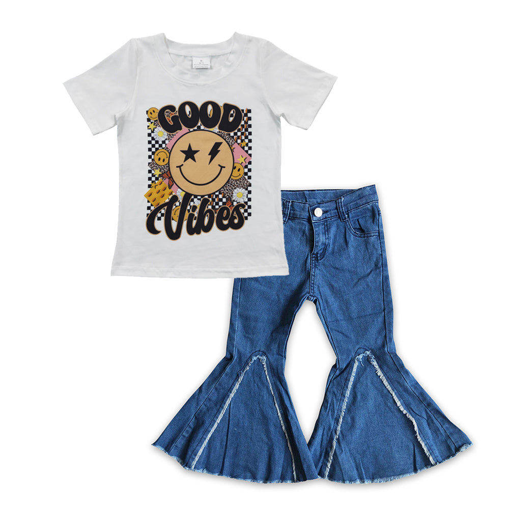 GSPO0649 Smile face short sleeve stripe denim jeans girl outfit RTS 20230425 RTS