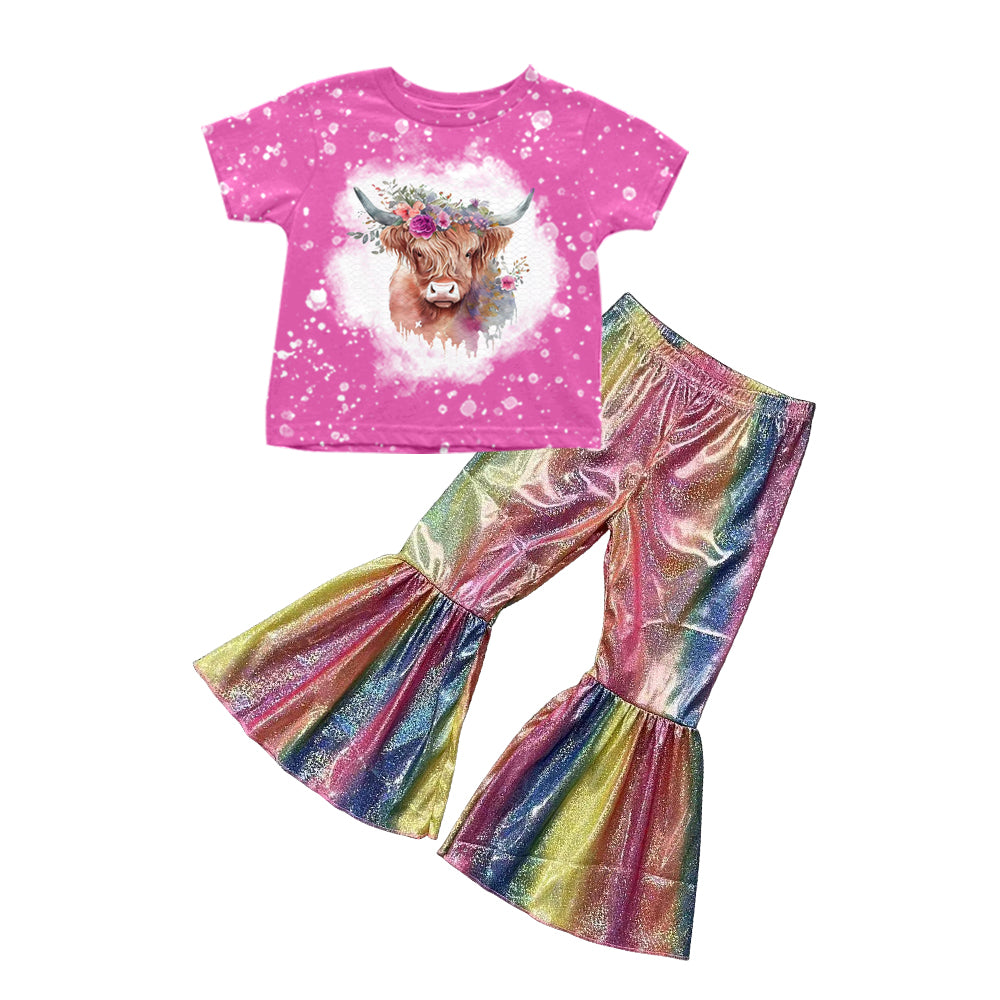 GSPO0746组合 satin fabric gilding cow colorful pants short sleeve children boys girl outfit RTS 20231005