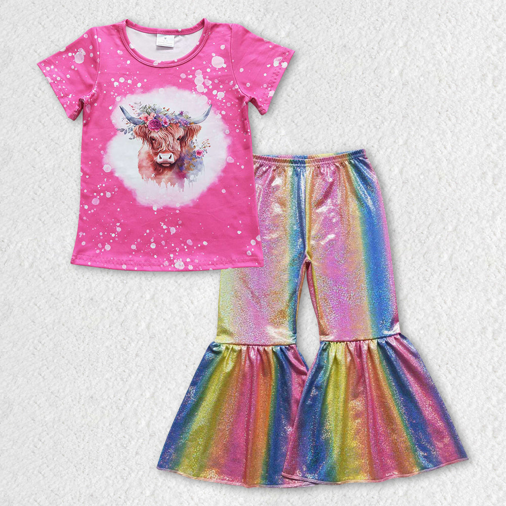 GSPO0746组合 satin fabric gilding cow colorful pants short sleeve children boys girl outfit RTS 20231005