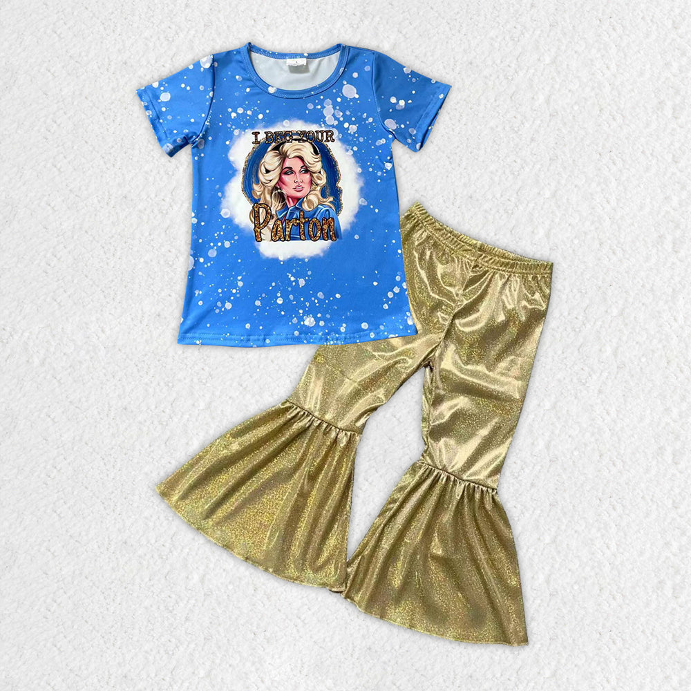 GSPO0747组合 satin fabric gilding pants dolly short sleeve children boys girl outfit RTS 20231005