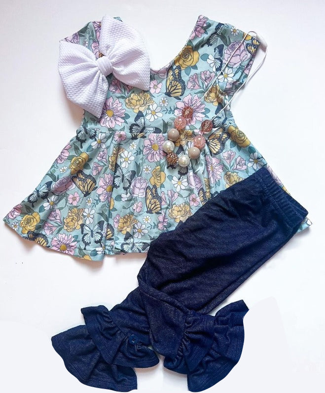 GSPO0753  Butterfly flower clothes denim short sleeve girl outfit 20230616 preorder