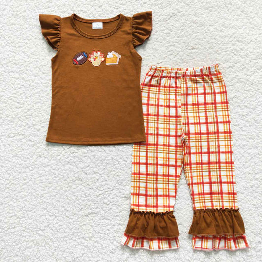 GSPO0759 turkey embroidery cotton thanks giving short sleeve girl outfit 20230904