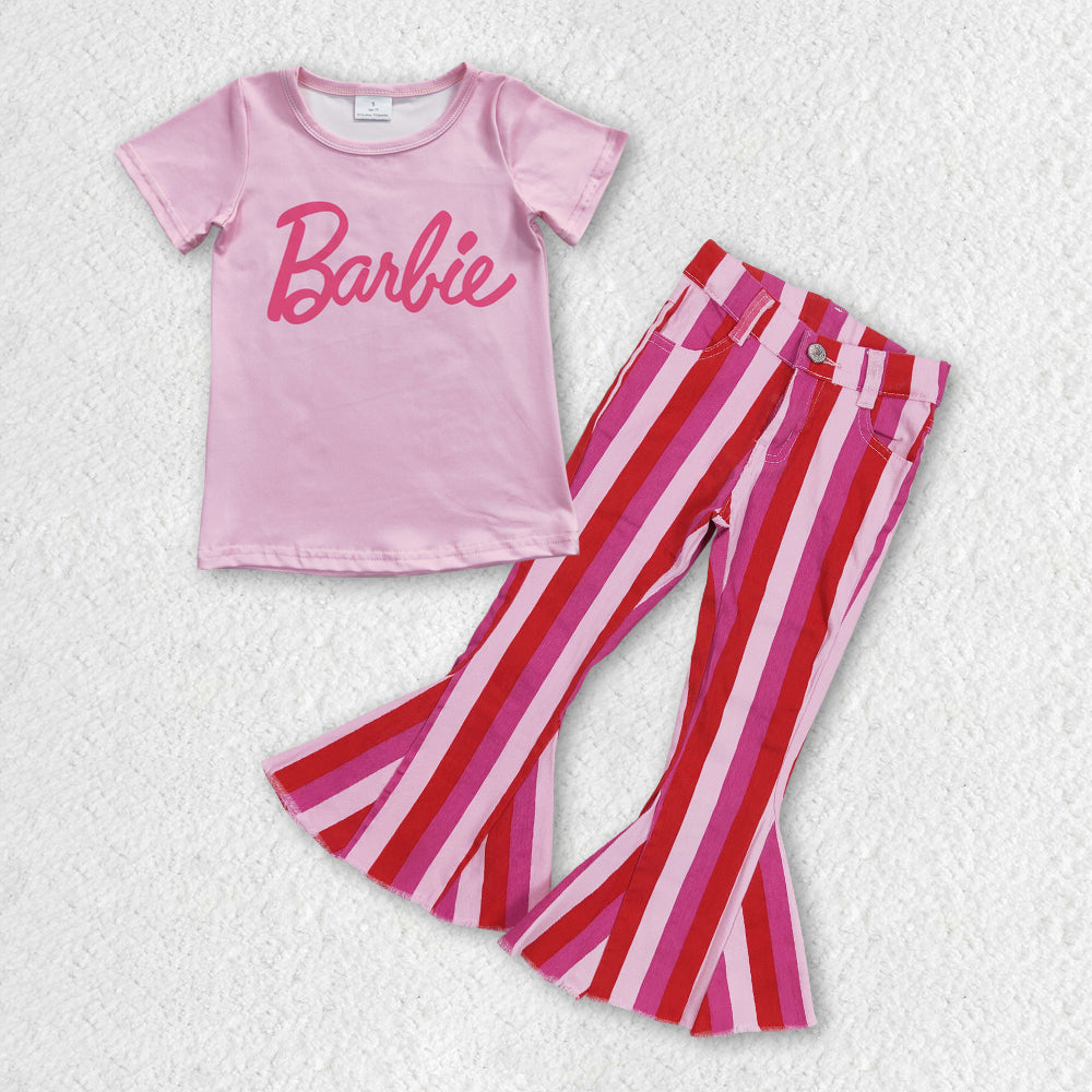 GSPO0806 western barbie short sleeve pink stripe denim jeans girl outfit 20230722