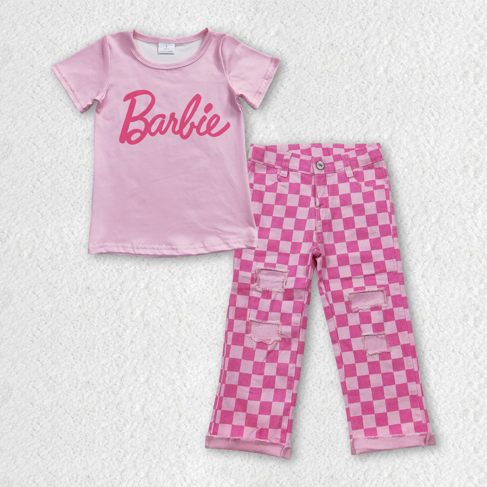 GSPO0807 western barbie short sleeve pink checkerboard denim jeans girl outfit 20230722