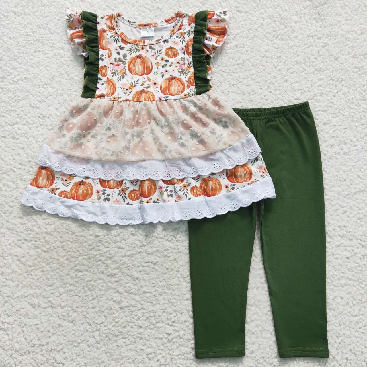 GSPO0810 lace white halloween pumpkin short sleeve flowers green pants girl outfit 20230830 RTS