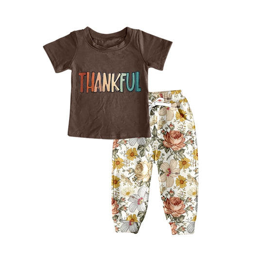 GSPO0858 Thankful brown flower short sleeve pants girl outfit 20230815 preorder