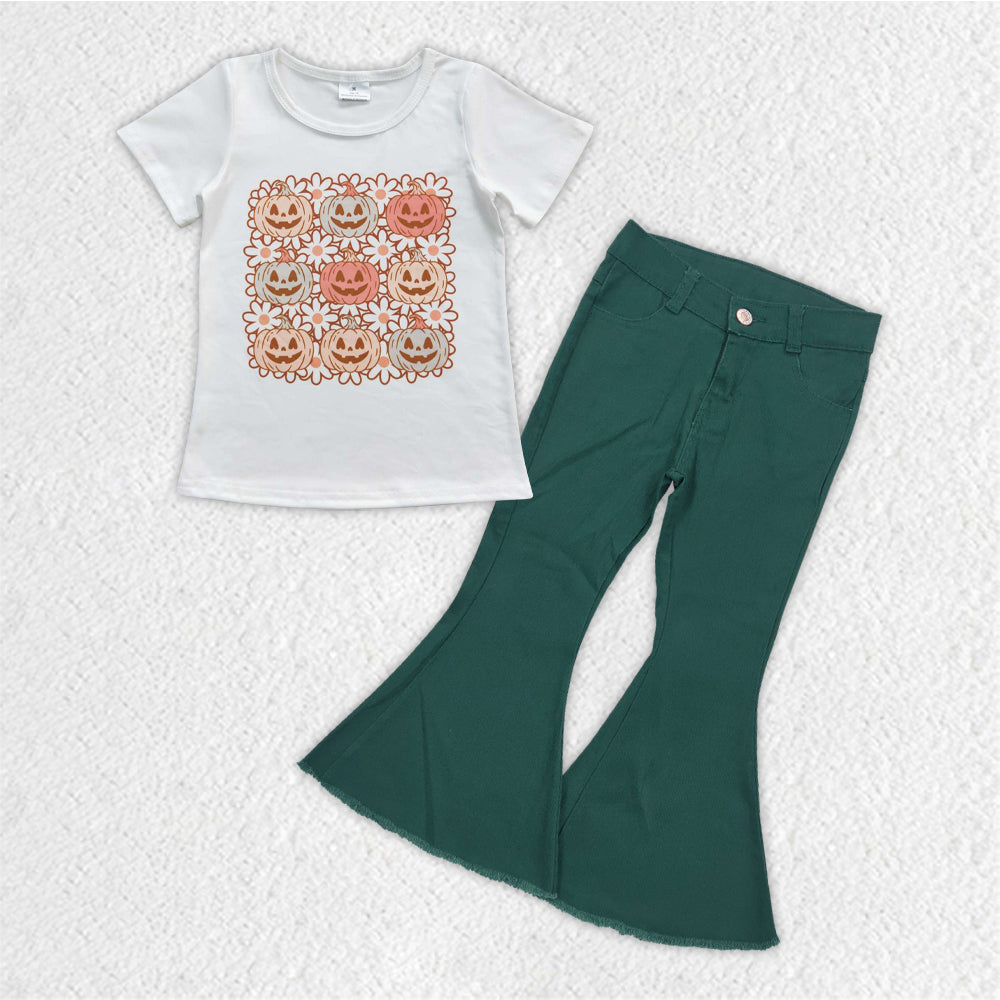 GSPO0870 fall short sleeve orange pumpkin Halloween green denim jeans girl outfit 20230830