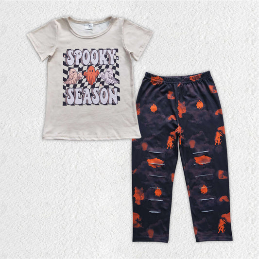 GSPO0872 halloween spooky boo ripped orange tie dye pants short sleeve girl outfit 20230830 RTS